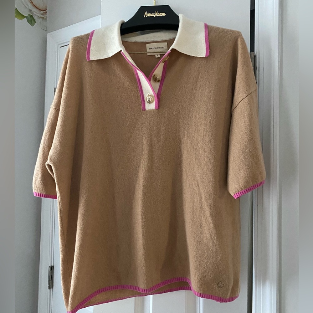 LOULOU Cashmere polo shirt camel with pink trim size S - Picture 2 of 4